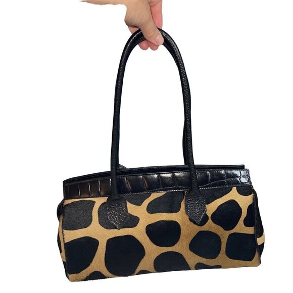 Womens Shoulder HandBag Brown Cowhide Hair Croc Embossed Leather Made In Italy - Picture 2 of 16